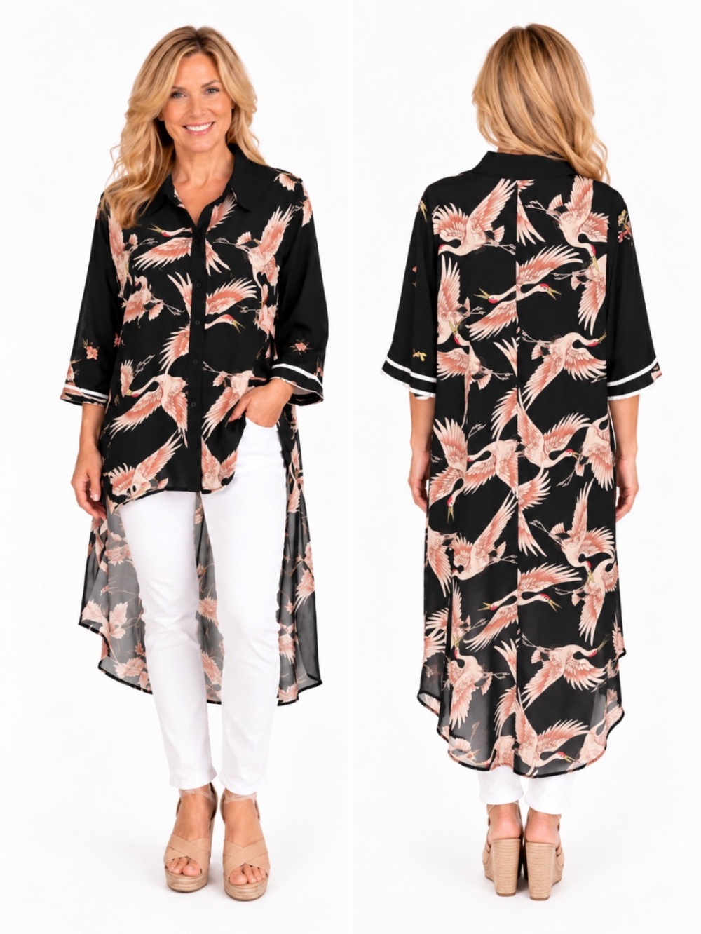 SHEIN Black & Blush Crane Print Sheer Button-Front High-Low Kimono Top Size 3X